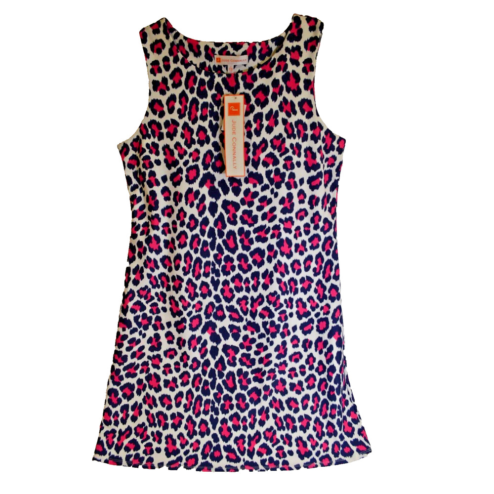 Jude Connally Beth Dress Sheath Women's Size Large Leopard Print Navy Berry NEW